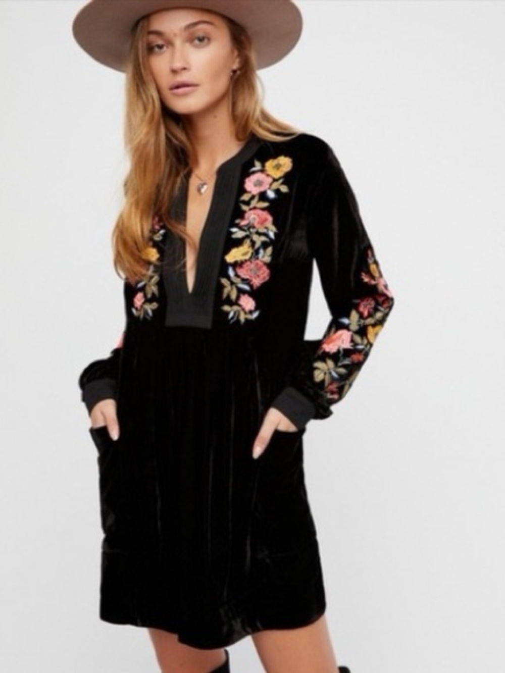 Free People Black Velvet Embroidered Long-Sleeve Mini Dress